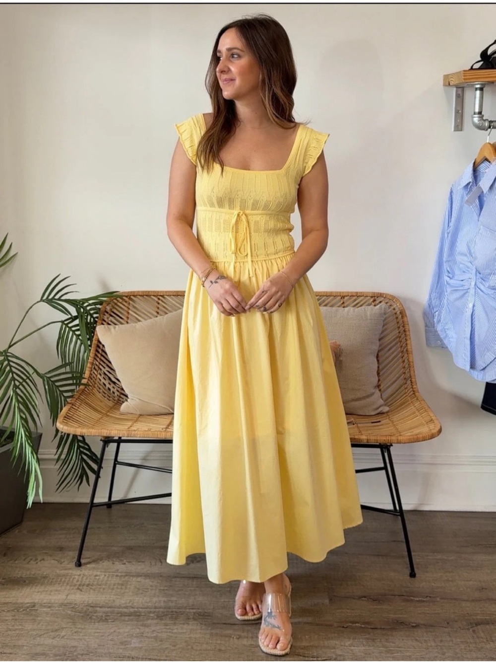 moon river august yellow ruffle knit bodice midi summer sun dress size small NEW
